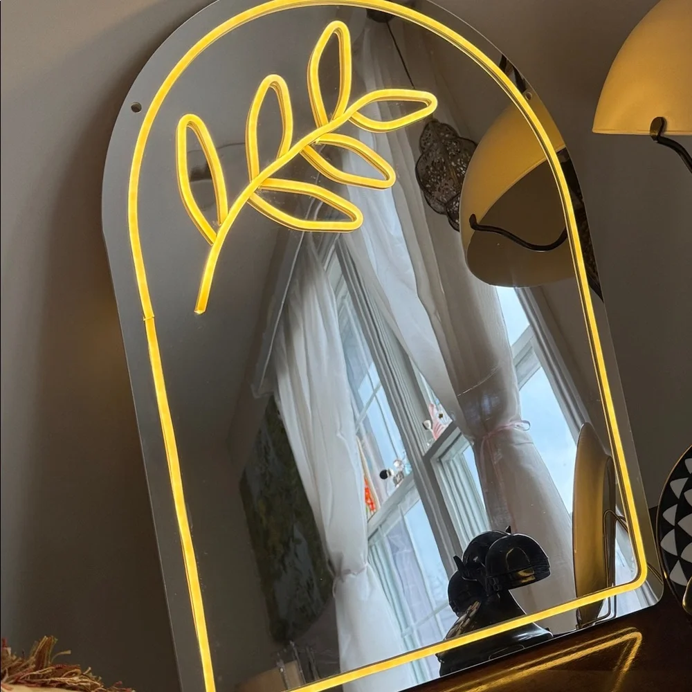 Contemporary White Arch Wall Mirror with Leaf Accent